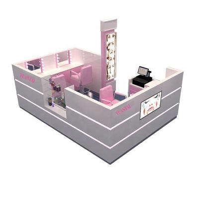 China Chinese MDF Design Nail Fancy Interior Decoration Bar Showcase Makeup Counter Table Mirror Display Kiosk Nail Kiosk Seller for sale