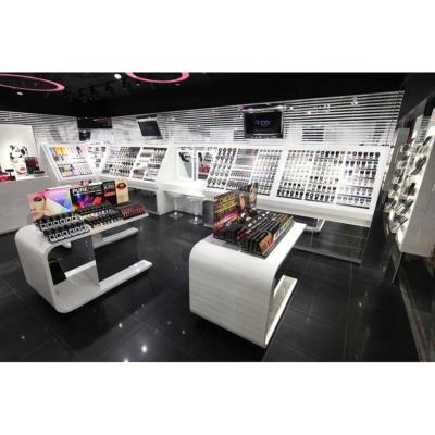 China MDF Skin Care Store Interior Fixtures Displays Wooden Cosmetic Table And Cabinet Design for sale