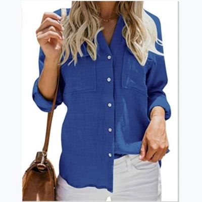 China 2022 New Women's V-neck Solid Color Sleeve Breathable Casual Button Down Blouses And Shirts Long Tops Women's Blouses for sale