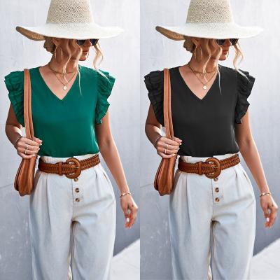 China 2022 Latest Design Summer Ruffle Sleeve V-Neck Breathable Elegant Blouses Ladies Casual Wear Solid Chiffon Women Tops for sale