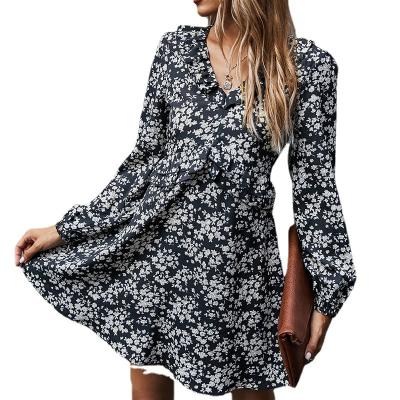 China Lady Elegant Women's Dresses Mini Casual Dress Floral Print V-Neck Ruffle Sleeve Anti-Wrinkle Women's Dress 2022 Long for sale