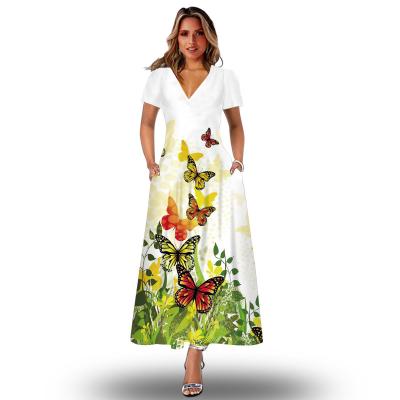 China New Viable Autumn Fashion Floral Dress 3D Butterfly Zipper V-Neck Floral Casual Dress Plus Size Women's Dresses for sale