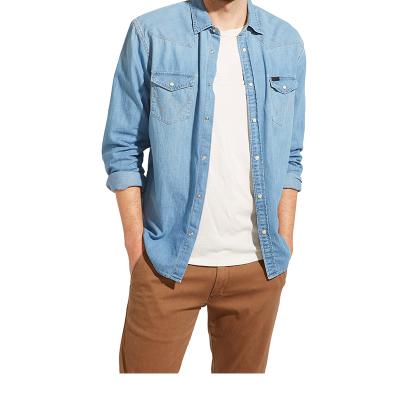 China Custom Mens Anti Shrink Long Sleeve Blue Jeans Jean Burst Button Shirt for sale