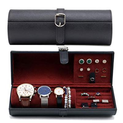 China Necklace Storage Personalized Storage Gift PU Watch Box Luxury PU Leather Watch Case Travel 3 Roll Up Watches Case Box for sale