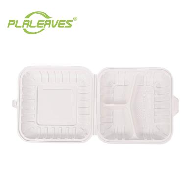 China Clamshell Food Biodegradable and Eco Friendly Cornstarch Three Compartment 1390ml PLALEAVES Box for sale