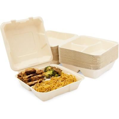 China 3 Compartment Food Container Biodegradable/Microwavable/Waterproof And Oil Proof Sugar Cane Take Out Lunch Food Packaging Bento Box With Lid for sale