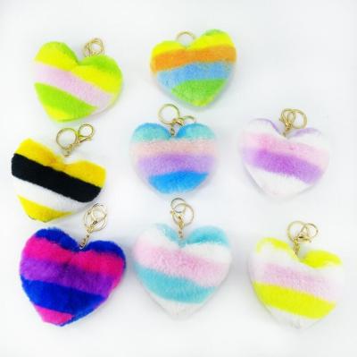 China Fashion Love Rainbow Fur Ball Heart Shape Multicolor Fluffy Pompom Key Chain Women Girls Fur Pom Pom Purse Bag Charm Plush Pendant for sale