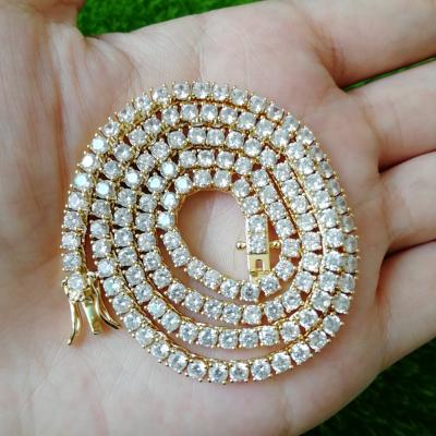 China Lead Free Nickel Free Hip Hop Jewelry Shiny Gold Plated Cubic Zircon 3MM Full Diamond Tennis Chain Necklace for sale