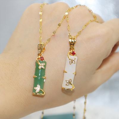 China Nickel free; Exquisite Bamboo Shape Jade Pendant Necklace Jewelry Stainless Steel Lead Free Long Necklace Jewelry Natural for sale