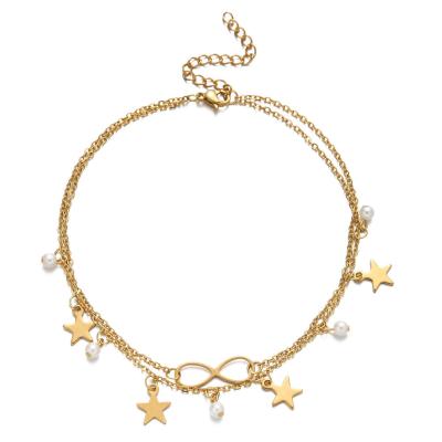 China Bohemian Lead Free Nickel Free Beach 18k Gold Plated 316L Stainless Steel Pearl Star Anklet Double Layer Cool Infinity Anklet for sale