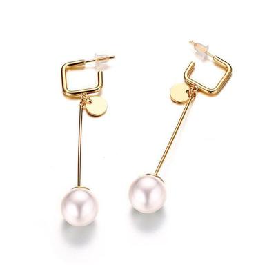 China Hot Selling Amazon Nickel Free Lead Free Gold Plated Pearl Drop Earrings Shell Pearl Stainless Steel Stick Earrings for sale