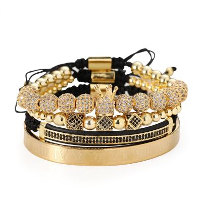 China CLASSIC High Quality Men Braided Cubic Zircon Crown Bracelet Gold Plated Adjustable ZC Bead Polygon King Crown Bracelet Set for sale