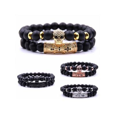 China 2pcs/set Nickel Free 8mm Matte Black Stone Bracelet Micro Natural Pave CZ Skull Charm Agate Stone Bracelet for sale