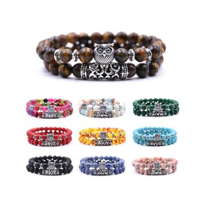 China Silver Owl Charm Bracelet Natural Stone Tiger Eye Stone Men's Energy Balance Vintage Bracelet 2pcs/set Nickel Free for sale