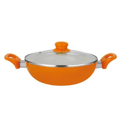 China Sustainable Aluminum Ceramic Indian Wok Pan With Glass Lid for sale