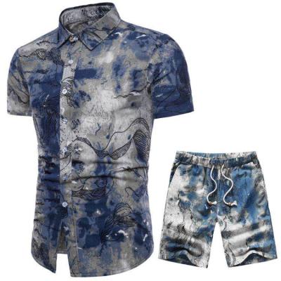 China Breathable Men's Ethnic Style Printed Tall Fashion Short Casual Shorts Shirt Sleeve Set Two Piece Set for sale