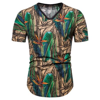 China Breathable V-neck Short Sleeve Summer Fashion T-shirt Men's Hawaiian Print T-Shirt for sale