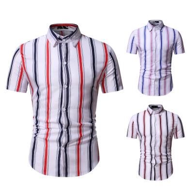 China Wholesale New Men's Vertical Stripe Sleeve Hawaiianbusiness Beach Shirt Customized Larger Size European Short Shirt 2020 Men for sale