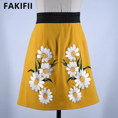 China Fakifii Breathable Customized Elegant Women Knee Length Flowers Skirt Elastic Waist Fashion A Line Embroidered Skirts for sale