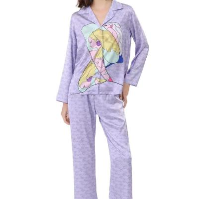 China New Style QUICK DRY Long Sheathed V-Neckline Loungewear Ladies Fall Two Pieces Solid Printing PajamasSatin Women for sale