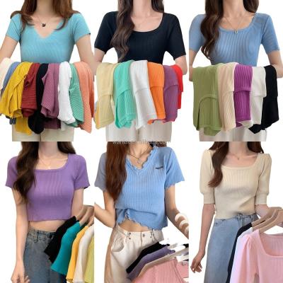 China 2022 New Design Anti-wrinkle Spring/Summer Knitted Women's Striped Short Sleeve T-Shirt for sale