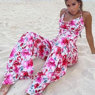 China 202 New Latest Women Clothing Fashion Breathable Rompers For Women Flower Printed Loose Wide Leg Overalls for sale