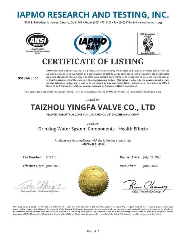 NSF - Taizhou Yingfa Valve Co., Ltd.