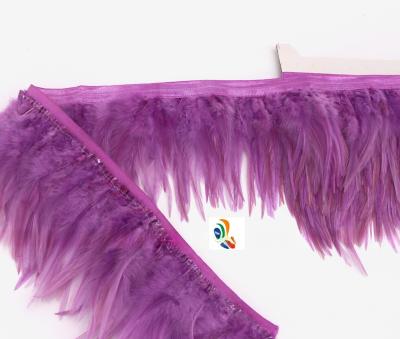 China Stretch Saddle Hackle Feather Fringe Trimming met Satin Ribbon Tapes in gekleurd patroon Te koop