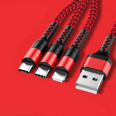 China 2.5A Fast Charging Reinforced 3 in 1 Cable Nylon Charging Multi Function All in One Cable USB Cable Charger Cord for iPhone, Type C for sale