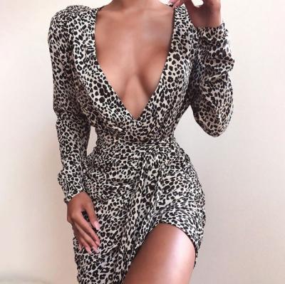 China Anti-Static Sexy Deep V Neckline Tie Dress Women's Long Sleeve Lace Dress Women Leopard Print Plus Size for sale