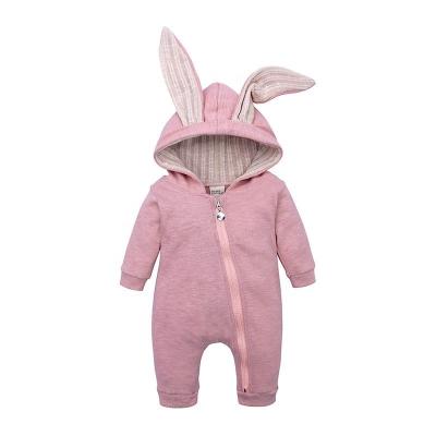 China Breathable Long Sleeve Newborn Baby Clothes With Big Rabbit Ears Jumpsuit Zipper Pink Hooded Girls Boys Clothes for sale