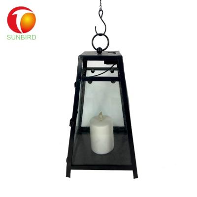 China Garden Black Hanging Glass And Metal Indoor / Outdoor Solar Lantern Candle Light for sale