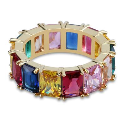 China Fashionable Trend Hiphop Jewelry Micro Pave Colorful Square Rainbow Zirconia Men Ring for sale