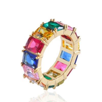 China Fashionable Trendy Hiphop Jewelry Micro Pave Colorful Square Rainbow Zirconia Men Ring With Gold Vermeil for sale