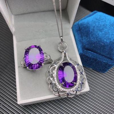 China Environmental Friendly Sterling Silver Jewelry Set With Purple Gemstones Amethyst Ring Necklace Set for sale