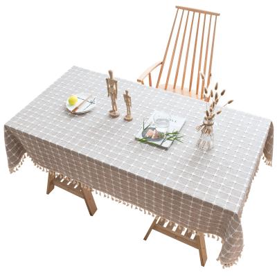 China Waterproof Fashion Embroidered Plaid Table Cloth Cotton Household Canvas Household Linen Coffee Table Tassel Grid Rectangular Tablecloth for sale