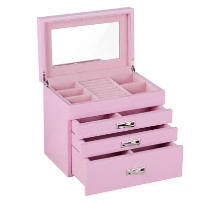 China Sustainable Girl Cosmetic Box 3 Drawer Wooden Jewelry Box Storage Box Wood With Magnet for sale