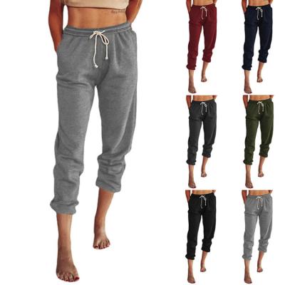 China New solid color women's casual pants lace-up beam spring breathable nine-point pants and European and American loose high-waist summer for sale