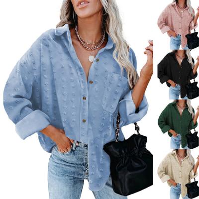 China New Solid Color Chiffon Breathable Jacquard Lapel Long Sleeve Shirt Buttoned Loose Cardigan Top Women's Clothing for sale