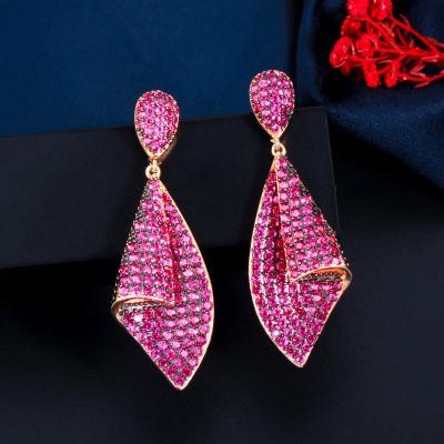 China Sparkling Creative Two Tone Gold Plated Micro Pave Hot Pink Red Zircon Stone Dangle Long Drop Earrings For Women Brand Jewelry for sale