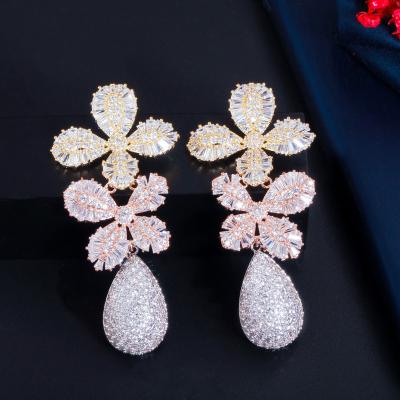 China Shimmering 3 Luxury Multi Tone Gold Plated Cubic Zirconia Long Statement Leaf Drop Earrings For Bridal Wedding Party Jewelry Accessory for sale