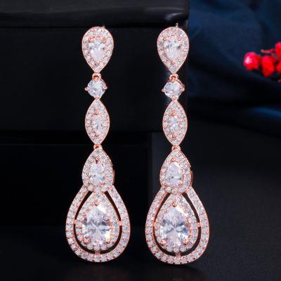 China Sparkle Rose Gold Plated Luxury Long Dangle Round Water Drop Elegant CZ Earrings For Dress Wedding Bridal Women Jewelry for sale