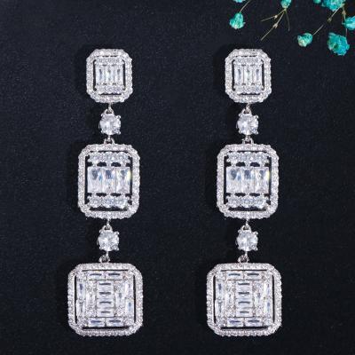 China White Topaz Silver Plated Long Dangle Square Cubic Zirconia Drop Engagement Party Earring Sparkle Jewelry Even For Women for sale