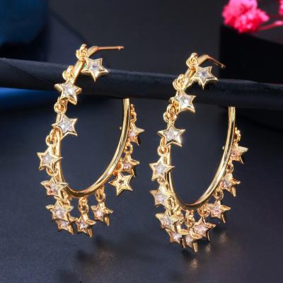 China Popular Glitter 18k Gold Filled Lucky Star Charms Hoop Circle Dangling Round Earrings For Ladies Shape Elegant Cubic Zircon Jewelry for sale