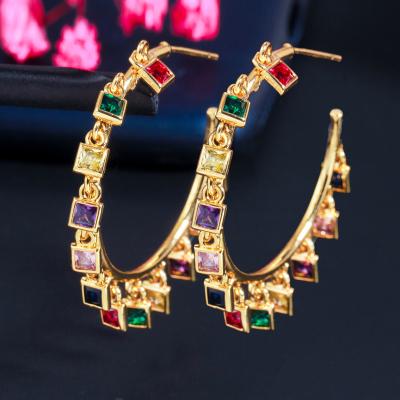 China Crystal Round Dangle Drop Earrings Rainbow Colorful Zircon Square Big Sparkle Sparkle Earrings For Women 18k Gold Plated for sale