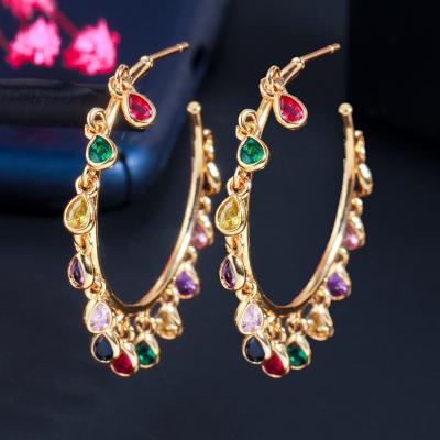 China Elegant Rainbow CZ Water Drop 18k Gold Plated Circle Big Round Circle Earrings For Women New Style Trendy Bohemian Jewelry for sale