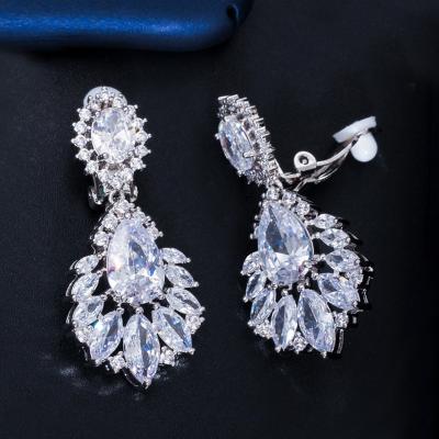 China Gorgeous Sparkle Silver Plated Dangle Drop CZ Cubic Zirconia Women Long Clip On Earrings For No Hole Pierced Ears for sale