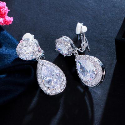 China Sparkle Non Pierced Earring Design Dangle Water Drop Zircon Crystal Wedding Bridal Clip On Earring Without Piercing for sale