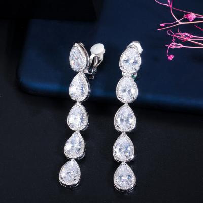 China Sparkle Non Piercing Ear Design Long Dangle Crystal Pierced Women Wedding Party Costume Jewelry Clip On Earrings No CZ for sale