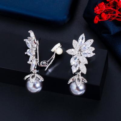 China Shimmering No Hole Design Zircon Flower Gray Pearl Clip On Women Wedding Party Earrings Long Without Piercing for sale